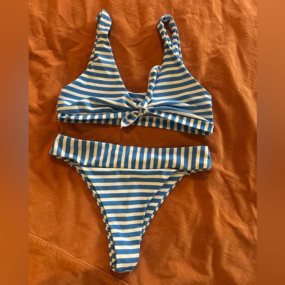 Blue and White Striped Bikini Set